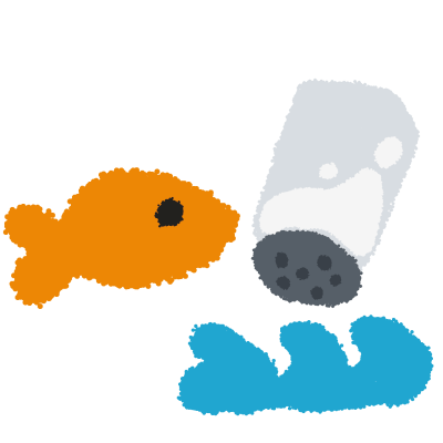 a simple orange fish next to some waves with a salt shaker, pointing down as if salting the water